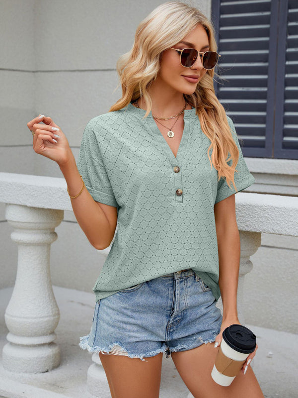 Women's V-neck button solid color circle loose short-sleeved T-shirt