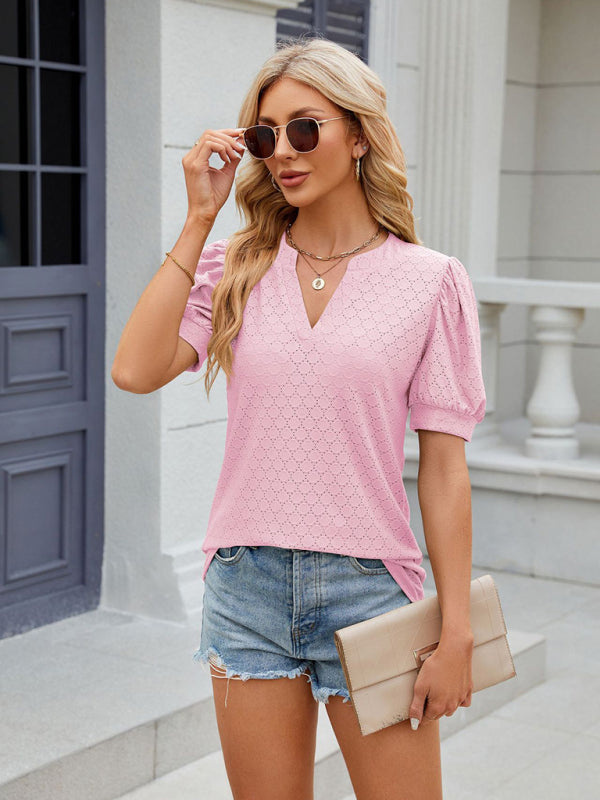 Women's V-neck puff sleeve pleated short-sleeved loose T-shirt