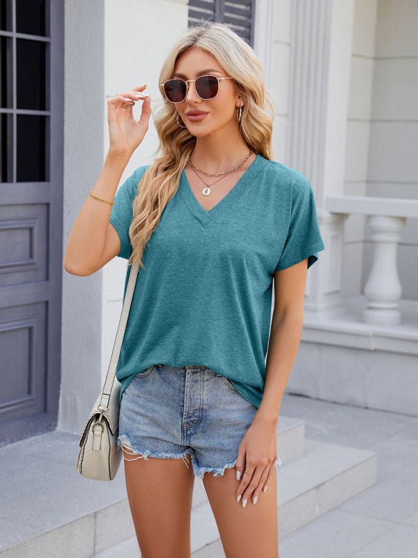 Women's V-neck solid color casual short-sleeved T-shirt top
