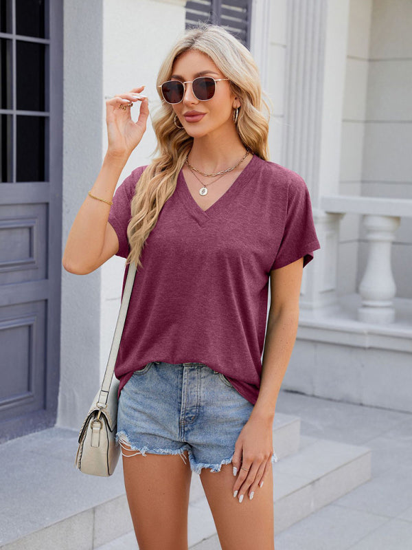 Women's V-neck solid color casual short-sleeved T-shirt top