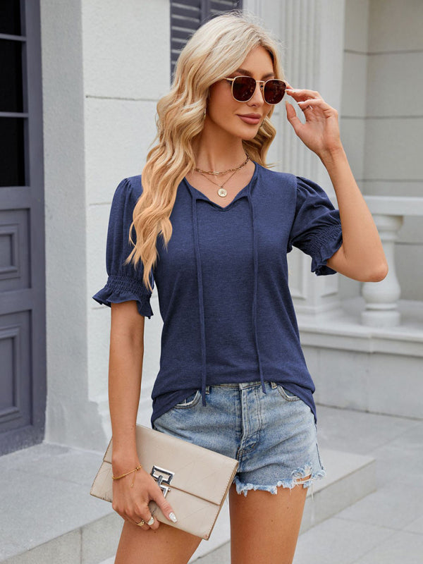 Women's V-neck drawstring pleated solid color short-sleeved loose T-shirt