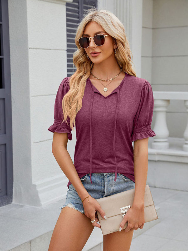 Women's V-neck drawstring pleated solid color short-sleeved loose T-shirt