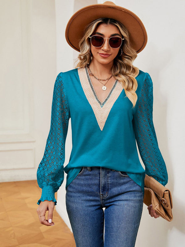 V-neck lace patchwork hollow long-sleeved loose top T-shirt
