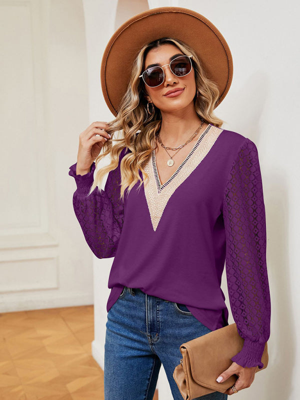 V-neck lace patchwork hollow long-sleeved loose top T-shirt