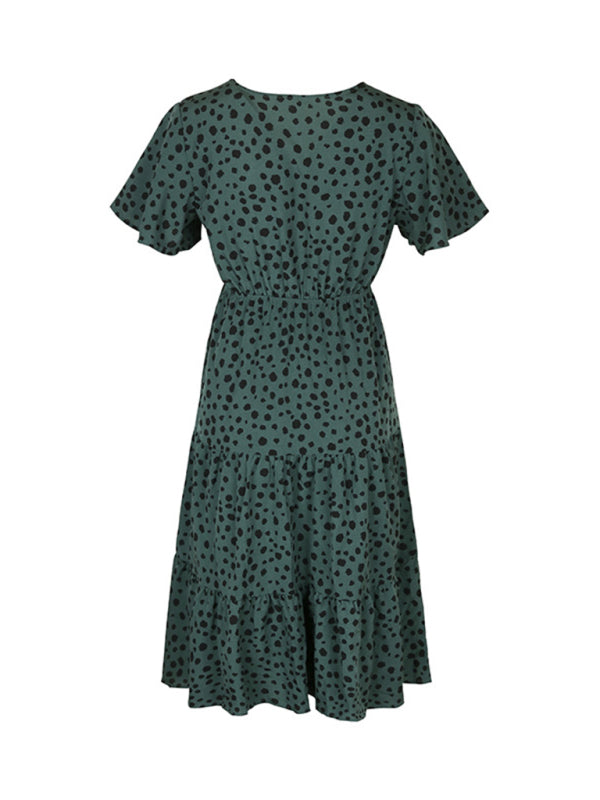 Women's V-neck waisted short-sleeved printed dress