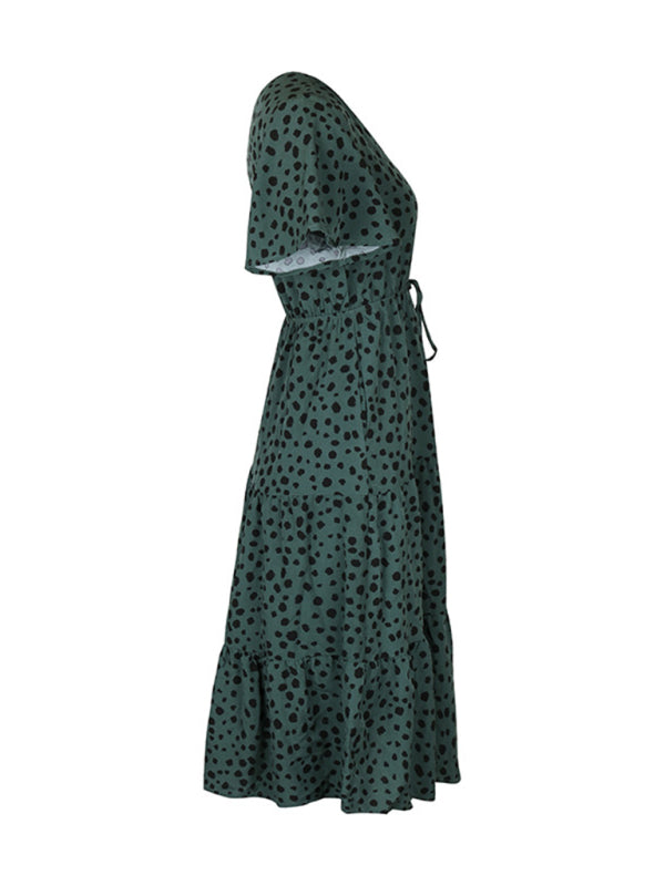Women's V-neck waisted short-sleeved printed dress