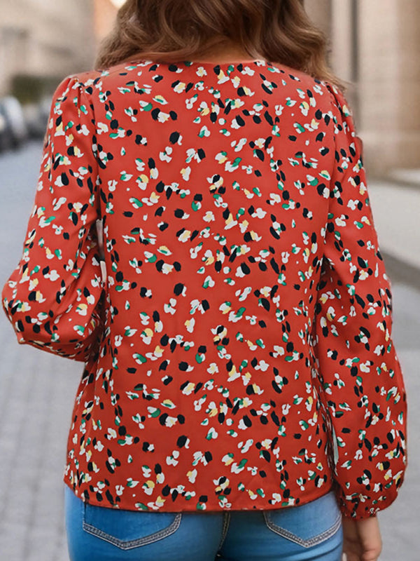 Women's color block printed long-sleeved V-neck shirt