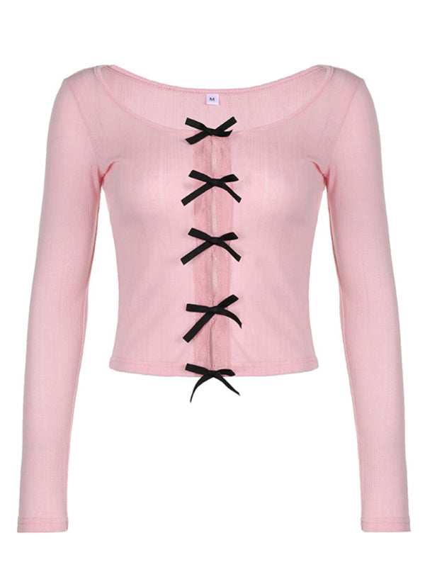 Women's casual bow lace hollow slim long-sleeved top