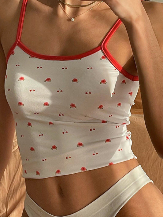 Women's Contrast Color Cherry Print Camisole Cropped Top