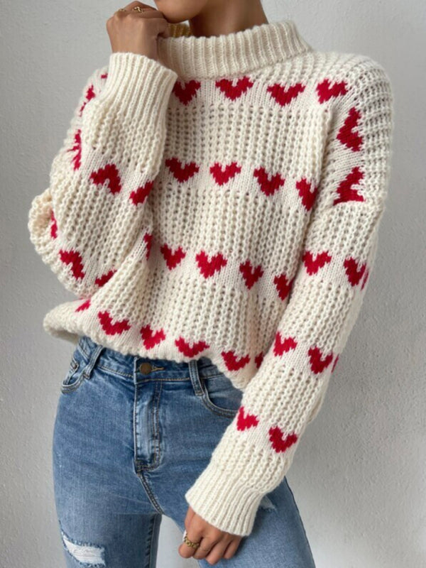 Women's loose love jacquard pullover sweater