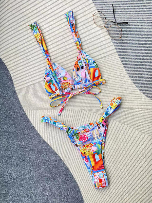 Women's printed strappy split bikini