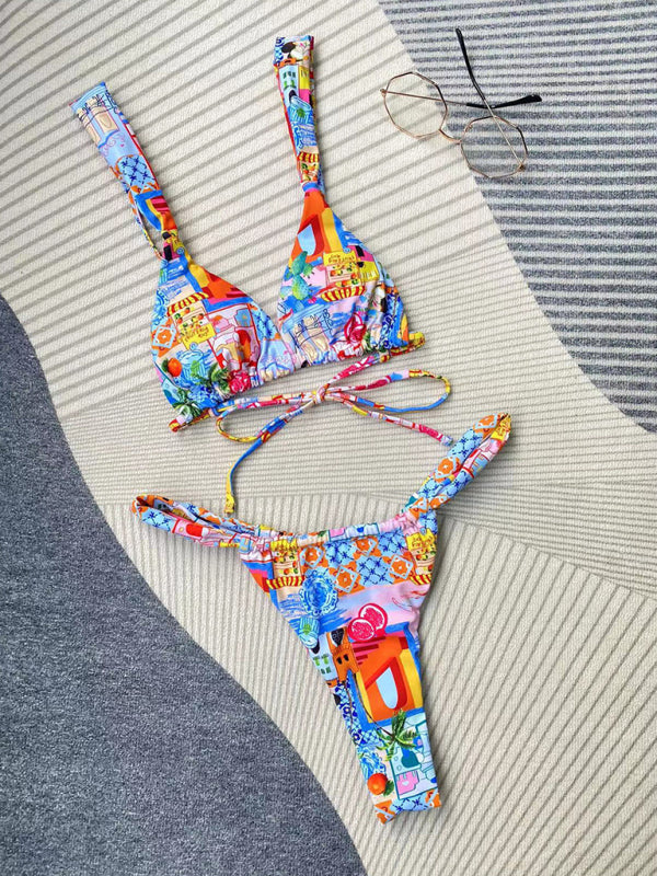Women's printed strappy split bikini