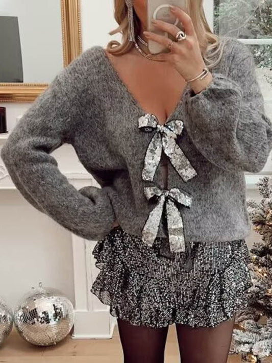 Sequin bow top V-neck loose sweater