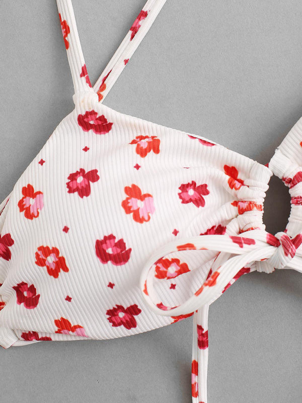 Pink flower print split swimsuit tie-dye halterneck bikini