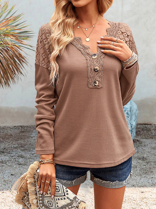 Women's casual lace V-neck buttoned knit top