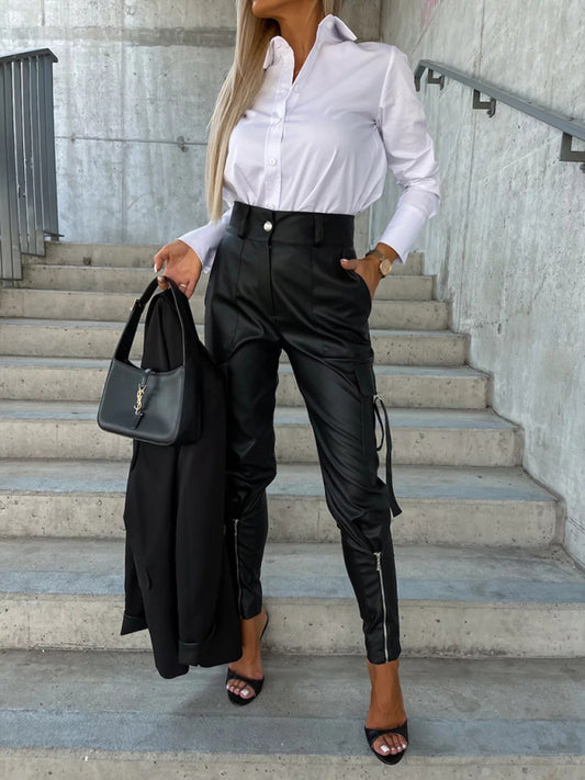 Women's Slim Fit PU Leather Waist Leg Pants