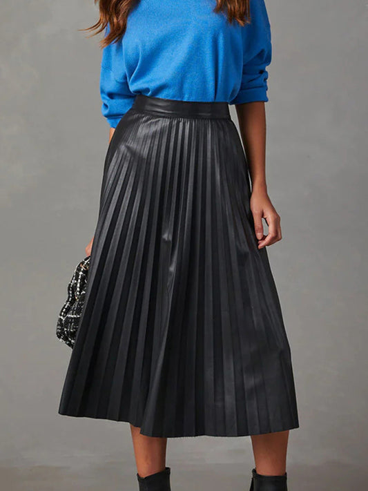 Elegant pleated PU leather waist A-line and drapey large skirt