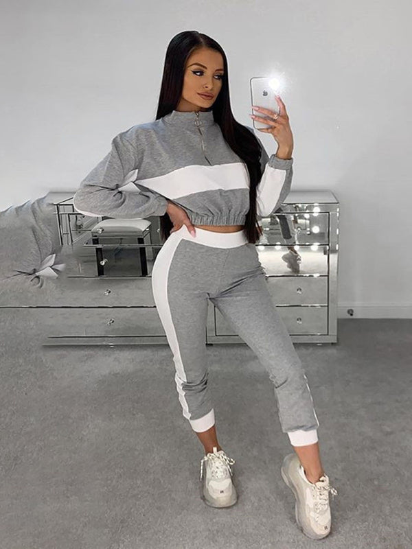 Women's casual color matching short top + trousers set
