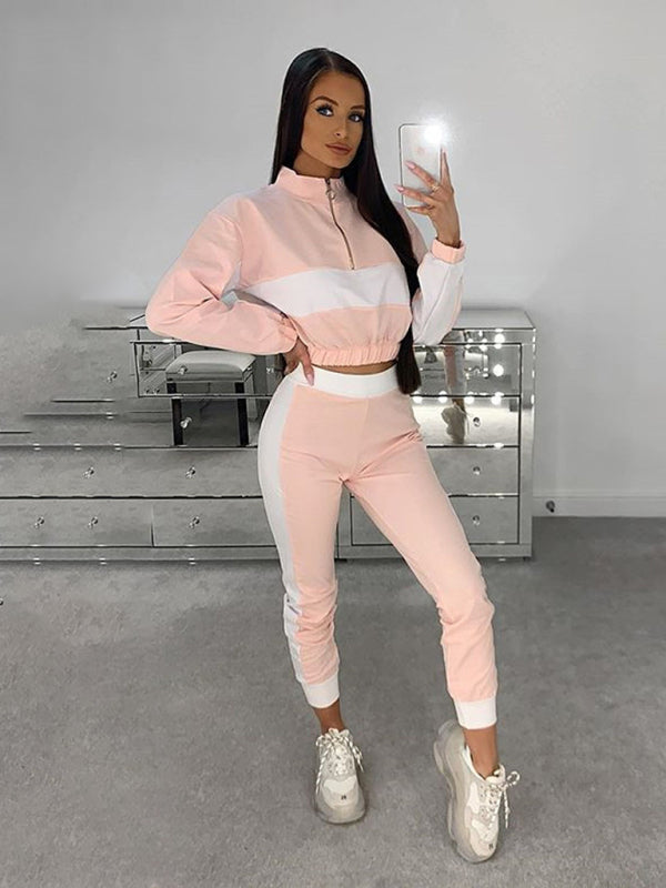 Women's casual color matching short top + trousers set