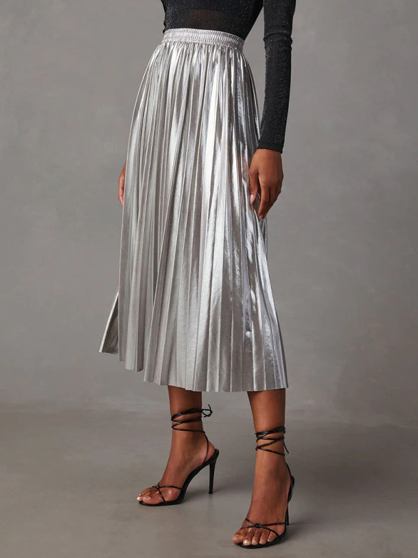 Shiny pleated high-waisted A-line mid-length skirt