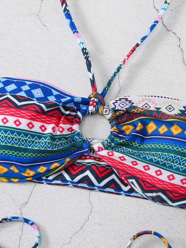 Halterneck lace-up adjustable briefs printed multi-color split bikini