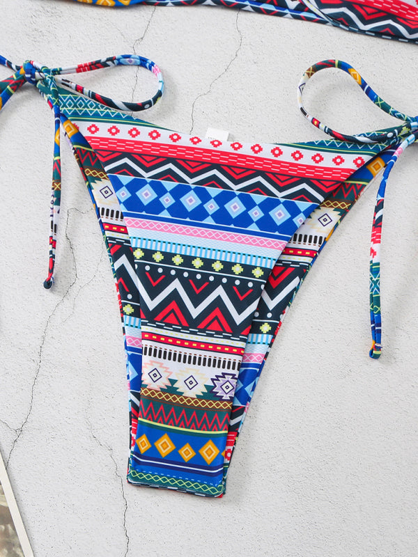 Halterneck lace-up adjustable briefs printed multi-color split bikini