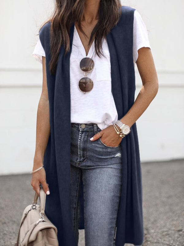 Solid color casual mid-length cardigan vest