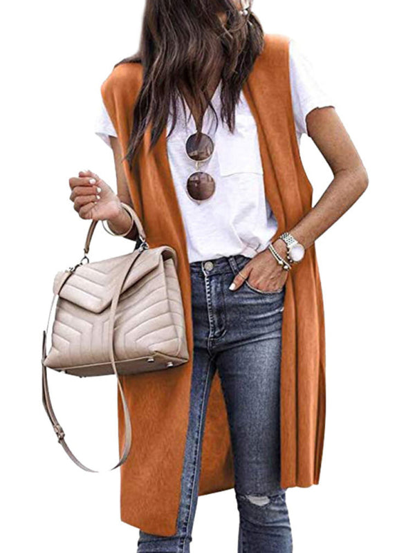 Solid color casual mid-length cardigan vest