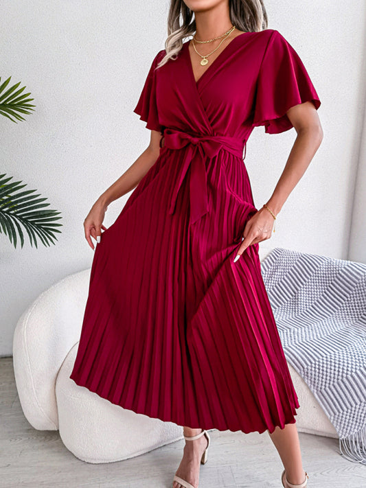 Women's temperament crossover V-neck pleated dress with wide hem