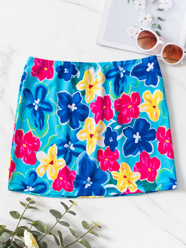 Bikini floral print three-piece set (with skirt)