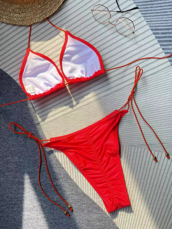 Women's bikini solid color rope strap swimsuit