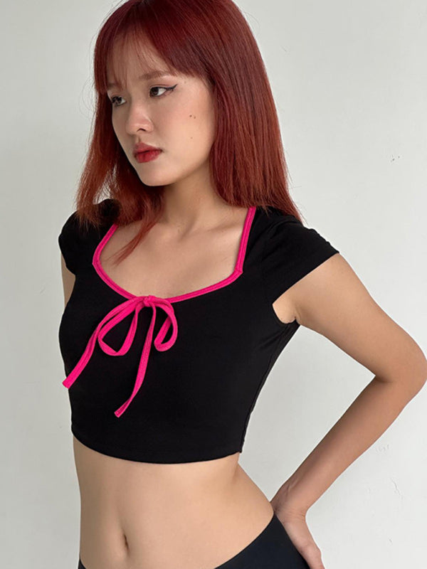 Sweet tight-fitting short design contrasting color short-sleeved top