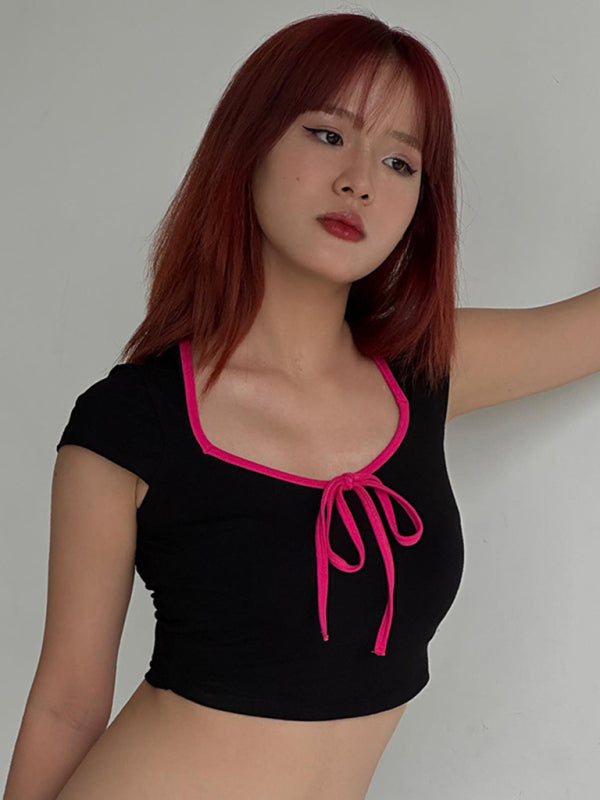 Sweet tight-fitting short design contrasting color short-sleeved top