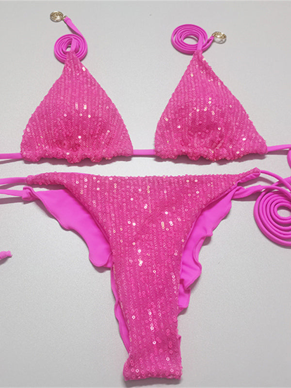 Women's shiny suspenders lace-up two-piece bikini