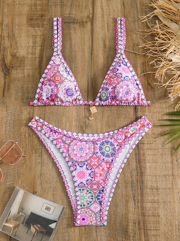 Women's positioning printing suspenders lace-up two-piece bikini
