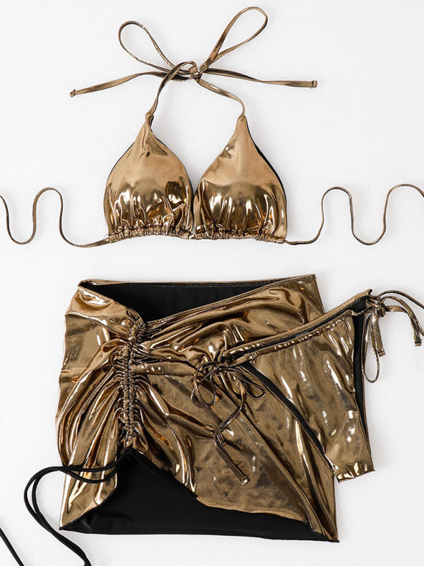 Women's three-piece solid color bronzing glossy lace-up skirt bikini