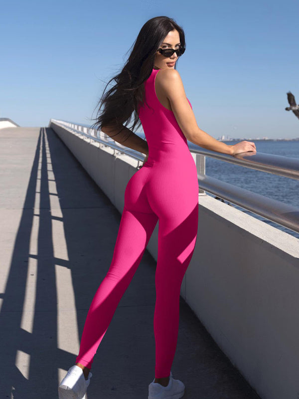 Women's Yoga Slim Fit Ribbed Sleeveless Turtleneck Top Sports Jumpsuit
