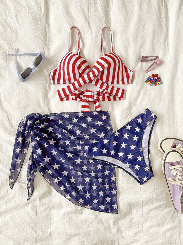 Women's bikini flag print stars and stripes three-piece swimsuit