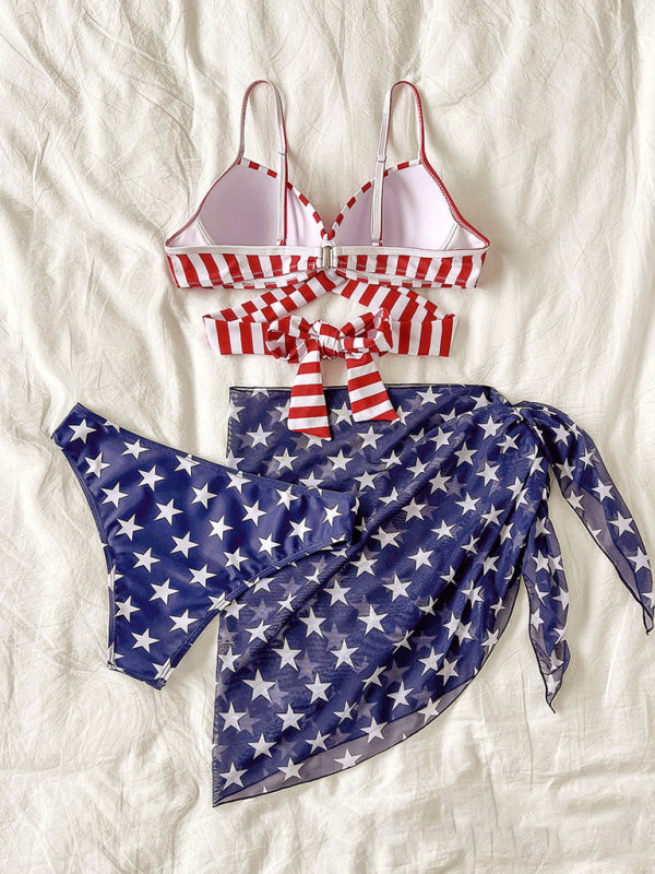 Women's bikini flag print stars and stripes three-piece swimsuit