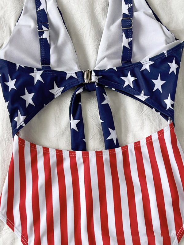 Women's flag striped star straps hollow one-piece bikini