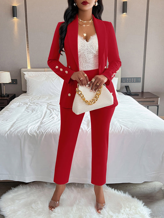Women's solid color double breasted casual two piece suit