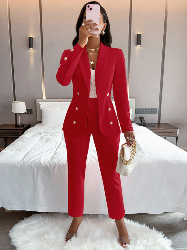 Women's solid color double breasted casual two piece suit