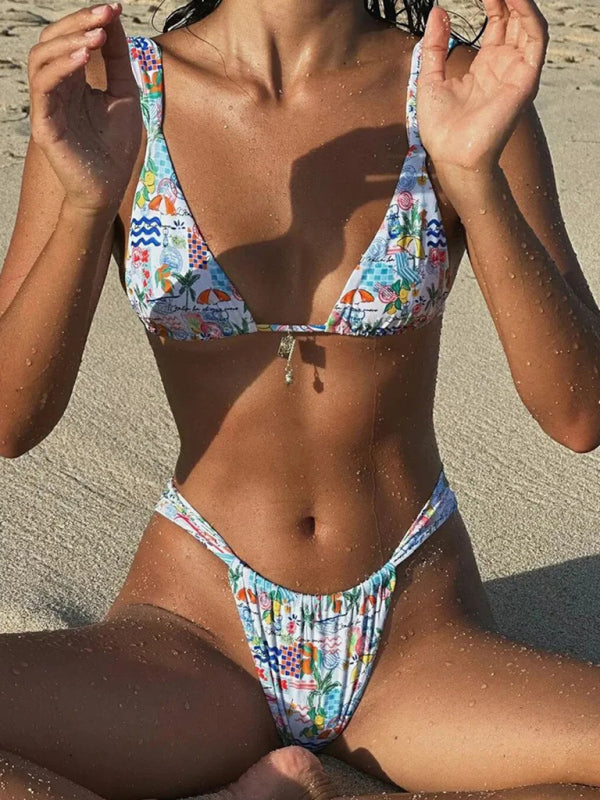 Women's beach print metal pendant strap lace-up bikini