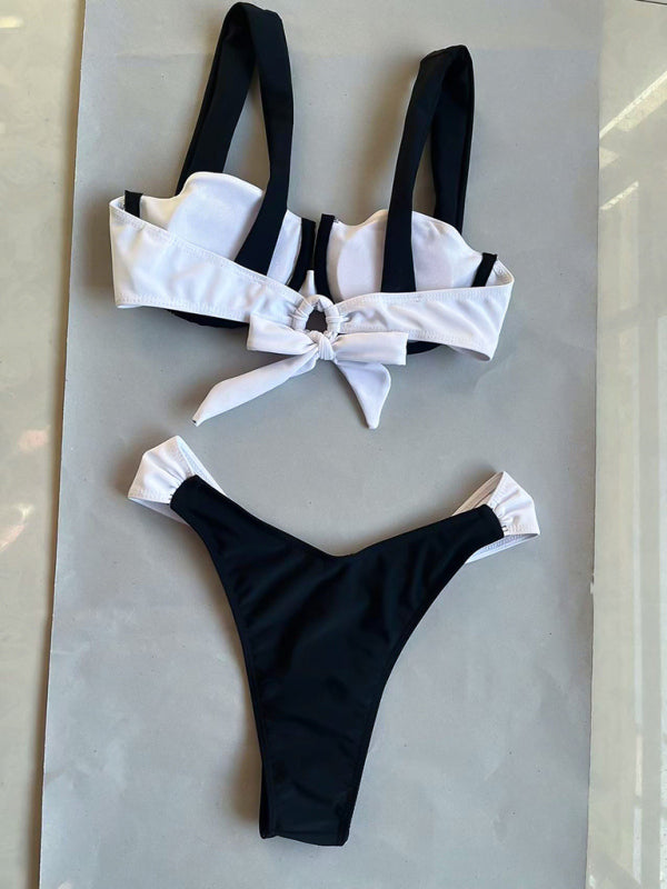 Women's black and white color matching beach strap suspender two piece bikini