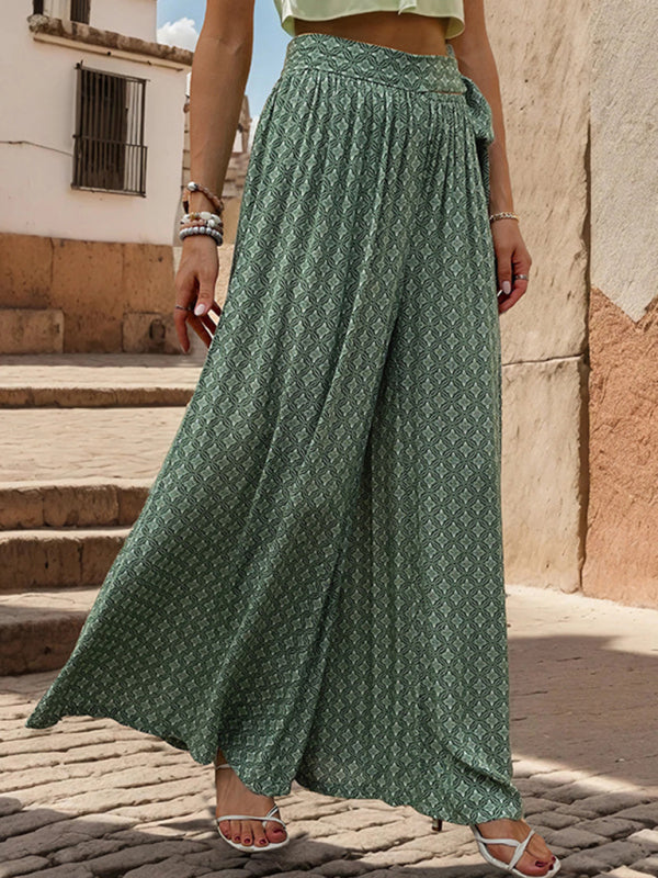 Women's lace-up high-waisted casual printed wide-leg trousers