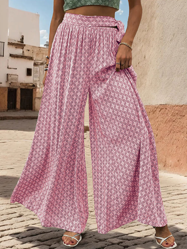 Women's lace-up high-waisted casual printed wide-leg trousers
