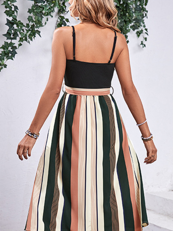 Women's striped patchwork suspender dress