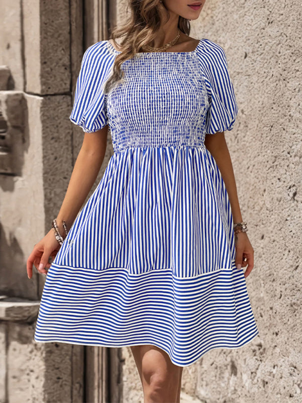 Puff sleeve striped lapel short sleeve strappy dress