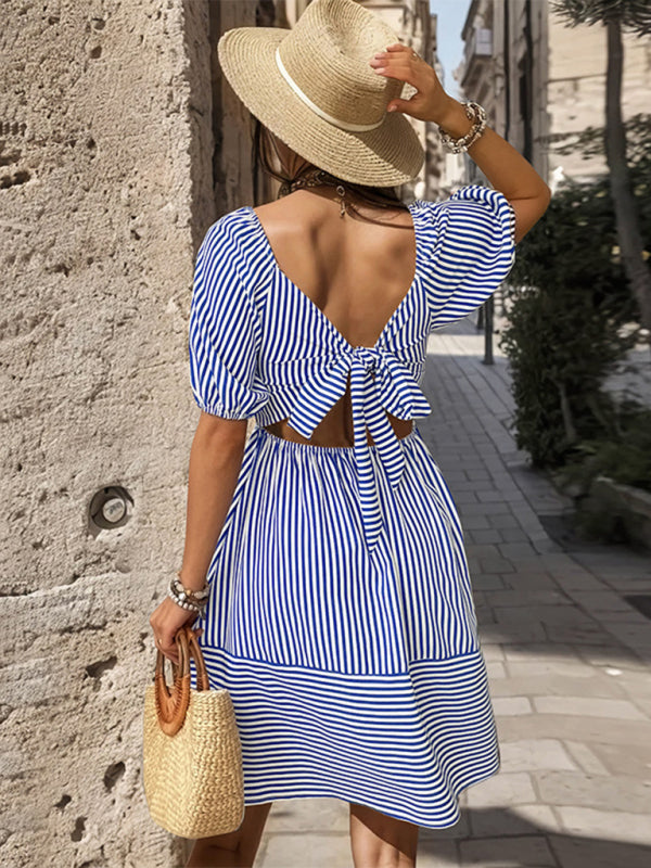 Puff sleeve striped lapel short sleeve strappy dress