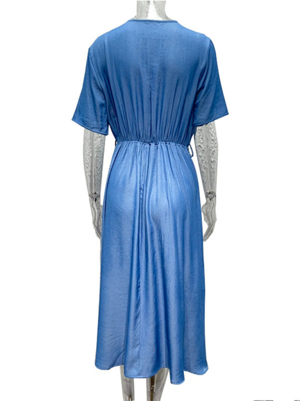 Women's short-sleeved V-neck waist solid color high-end dress without belt